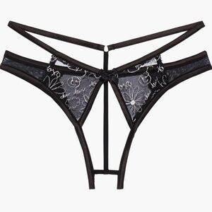 Savage X Fenty Dear Diary Crotchless Open Back Black Embordered Thong Panty L 2X